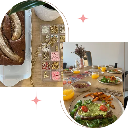 Les ateliers avec Rosélie Créations Deux photos des ateliers Rosélie créations : brunch et création de bijoux artisanal